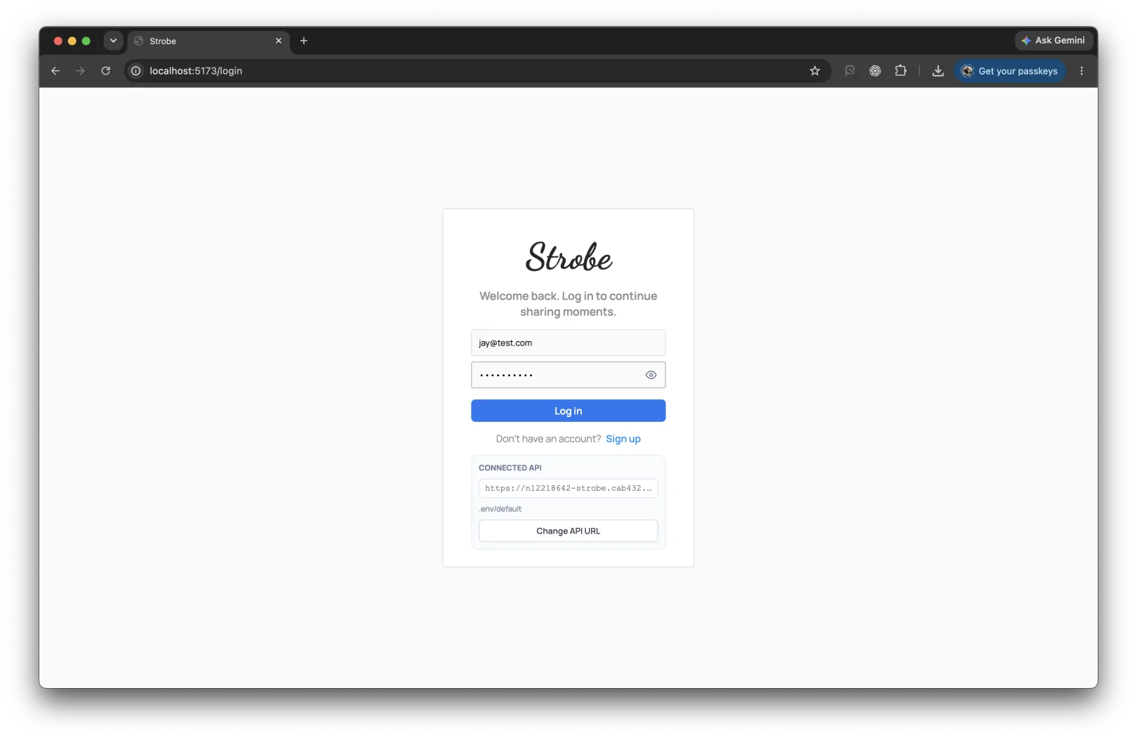 Strobe login screen with email, password and connected API controls