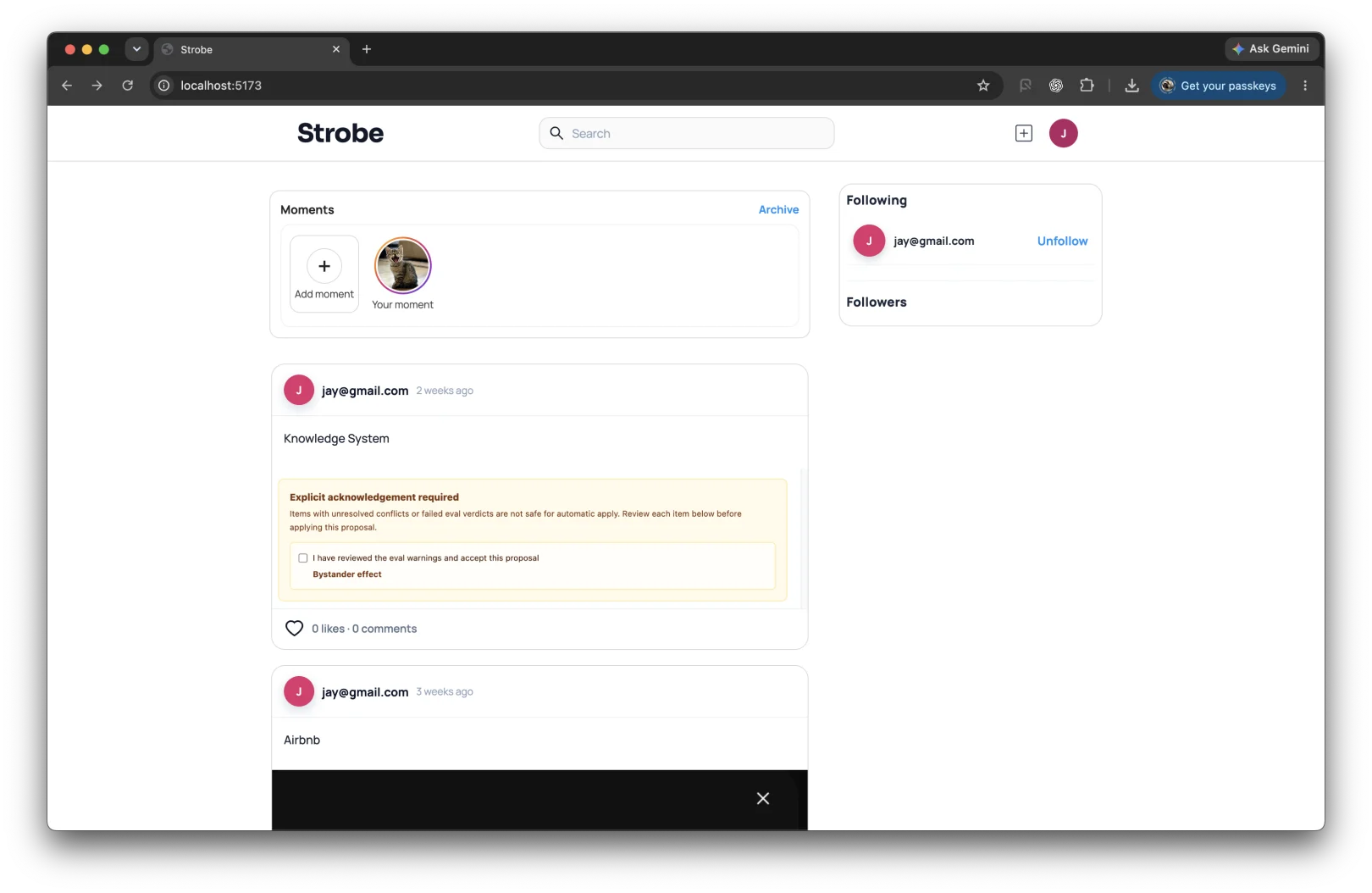 Strobe moments feed with the user's moment, following panel and knowledge system content